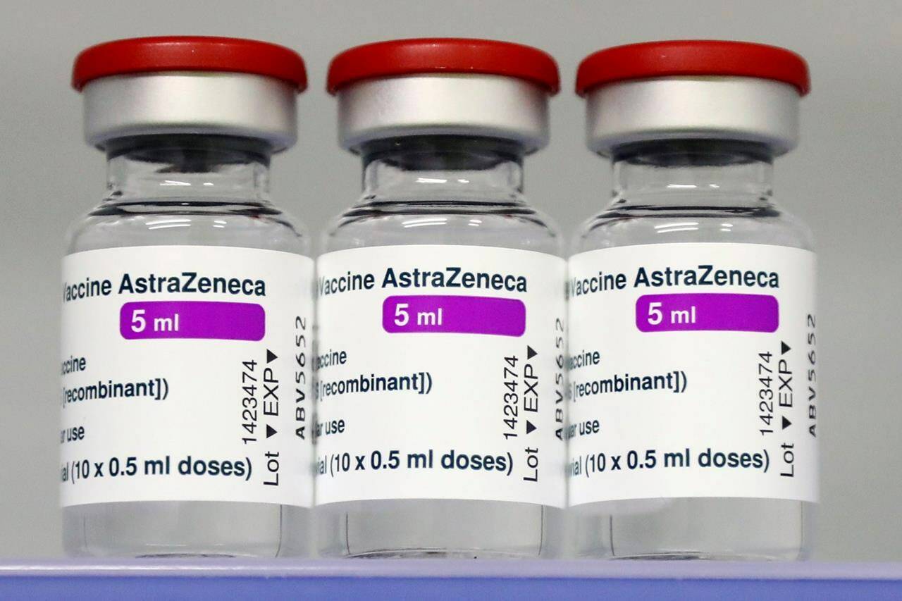 In this file photo dated Monday, March 22, 2021, vials of the AstraZeneca COVID-19 vaccine in a fridge at the local vaccine centre in Ebersberg near Munich, Germany. THE CANADIAN PRESS/AP/Matthias Schrader