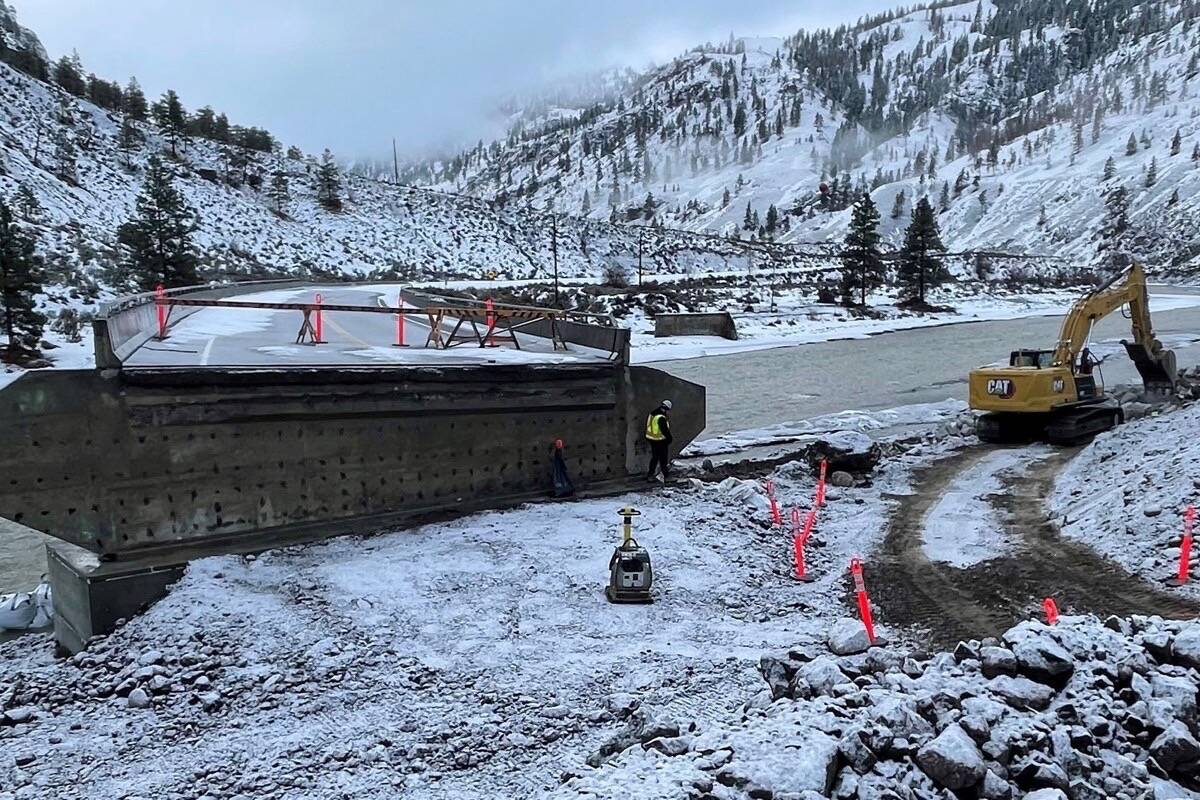 Repair work continues on Highway 8 Feb. 10, 2022 after mid-November flooding shifted the course of the Nicola River and destroyed sections of the highway south of Merritt. (B.C. transportation ministry photo)