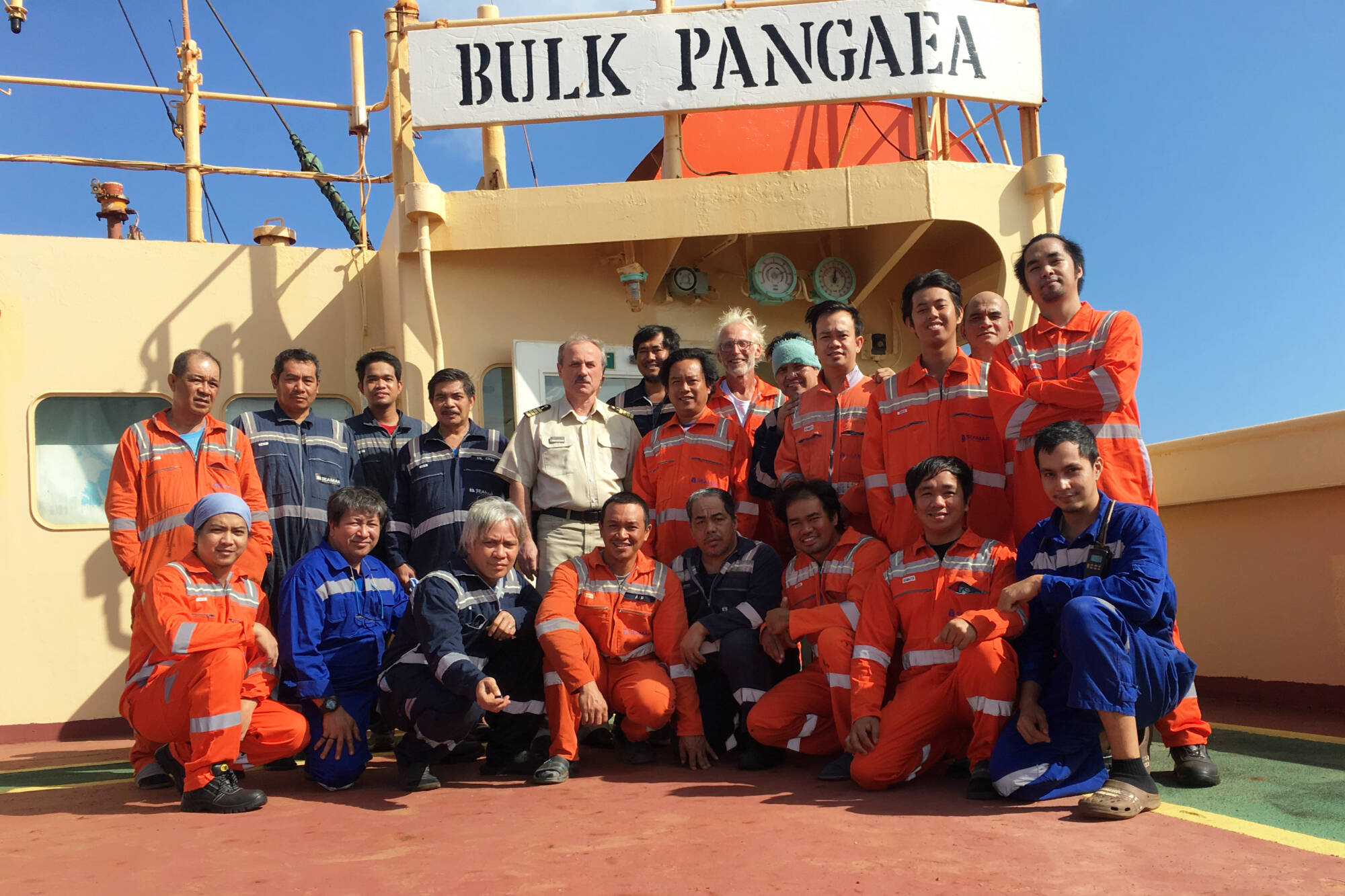 The Bulk Pangaea, a 225-metre bulk carrier, picked up Shuswap resident Don Cavers (at back with white hair) in a life raft in the Caribbean Sea in mid-December 2021 and took him to Jamaica after his disabled sailboat crashed on a reef. (Photo contributed)