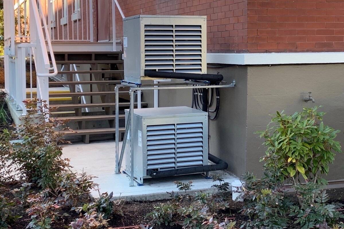 A heat pump installed at a Victoria supportive housing facility, converted from a seniors home. (Tom Fletcher/Black Press Media)