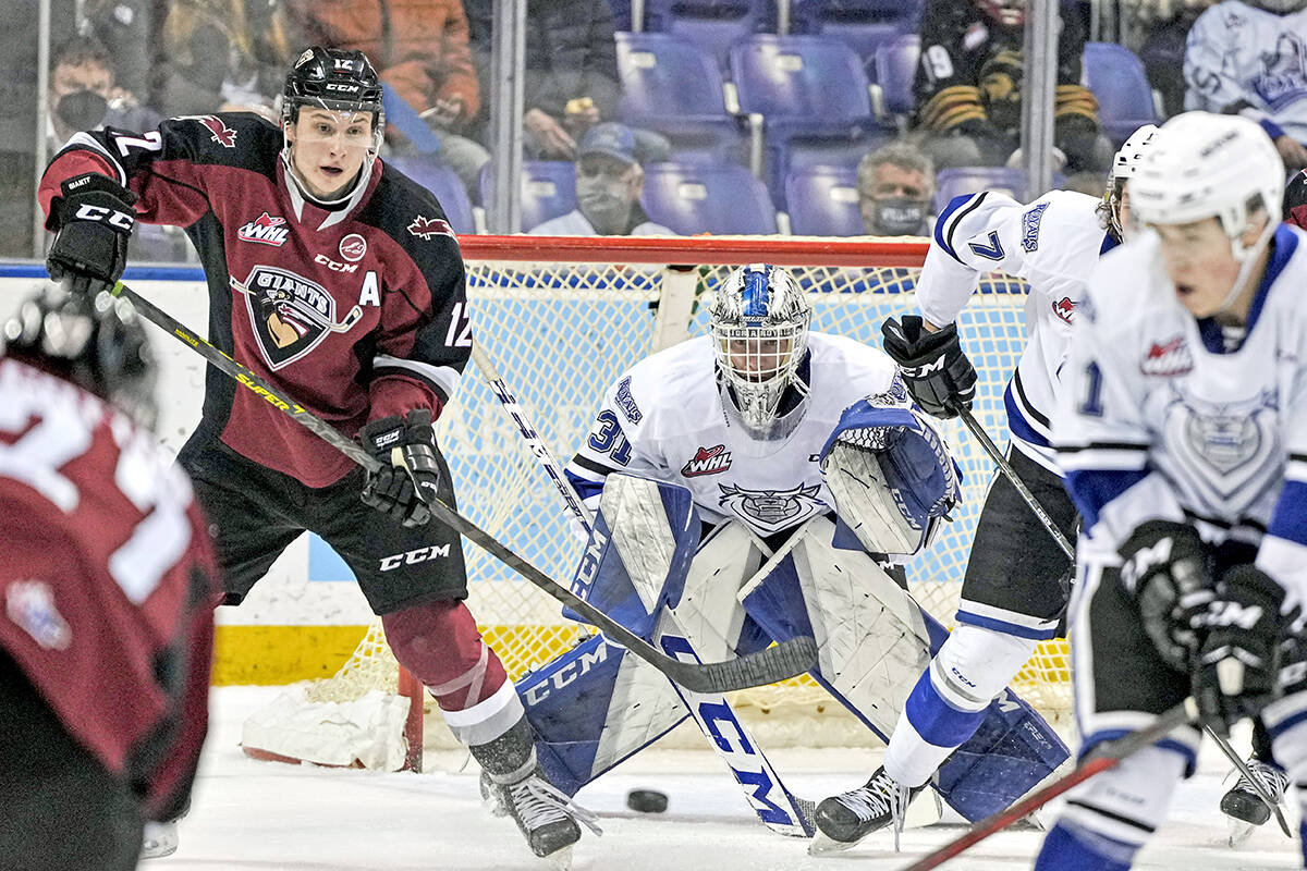 Giants Adam Hall lurked with intent by the Victoria Goal Saturday night, Feb. 26. A third period comeback fell just short in what ended up as a 4-2 loss to the Victoria Royals on the road. (Kevin Light/Special to Langley Advance Times)