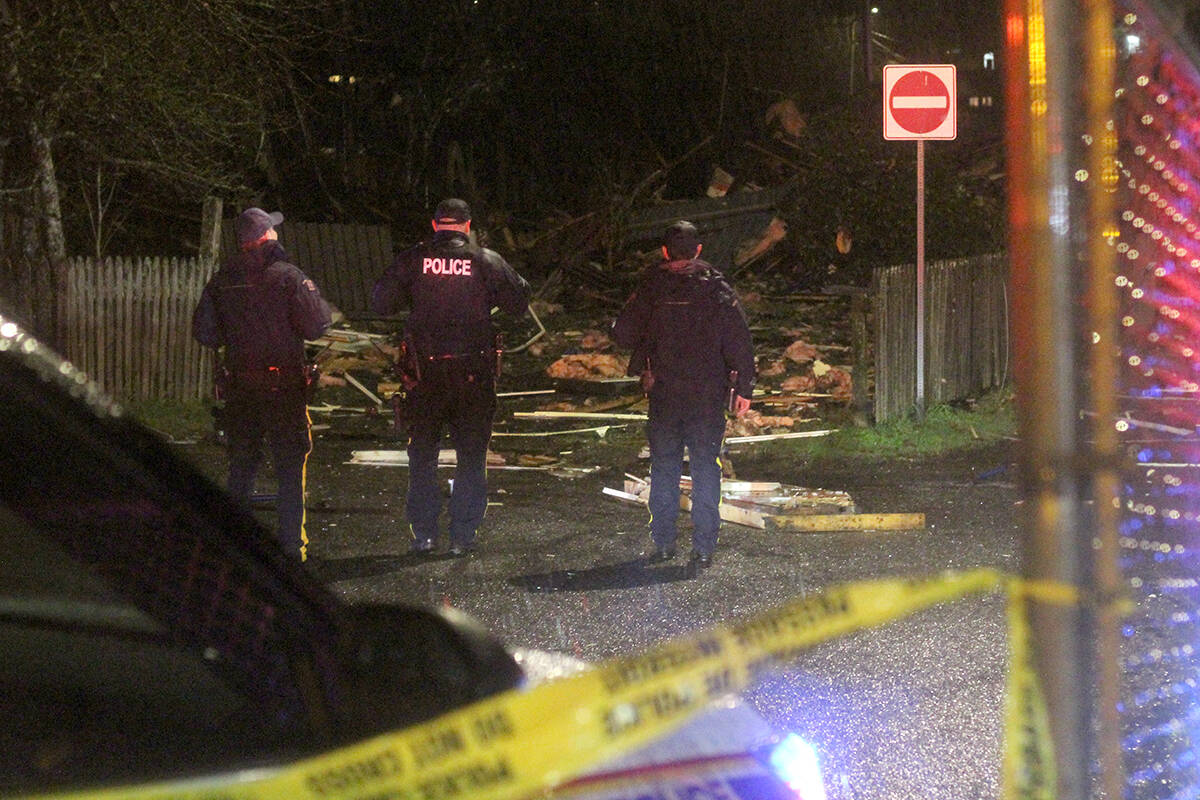 Nanaimo RCMP at the scene where a house exploded next to St. Peter’s Roman Catholic Church in Nanaimo’s Old City Quarter. (Greg Sakaki/News Bulletin)
Nanaimo RCMP at the scene where a house exploded next to St. Peter’s Roman Catholic Church in Nanaimo’s Old City Quarter. (Greg Sakaki/News Bulletin)