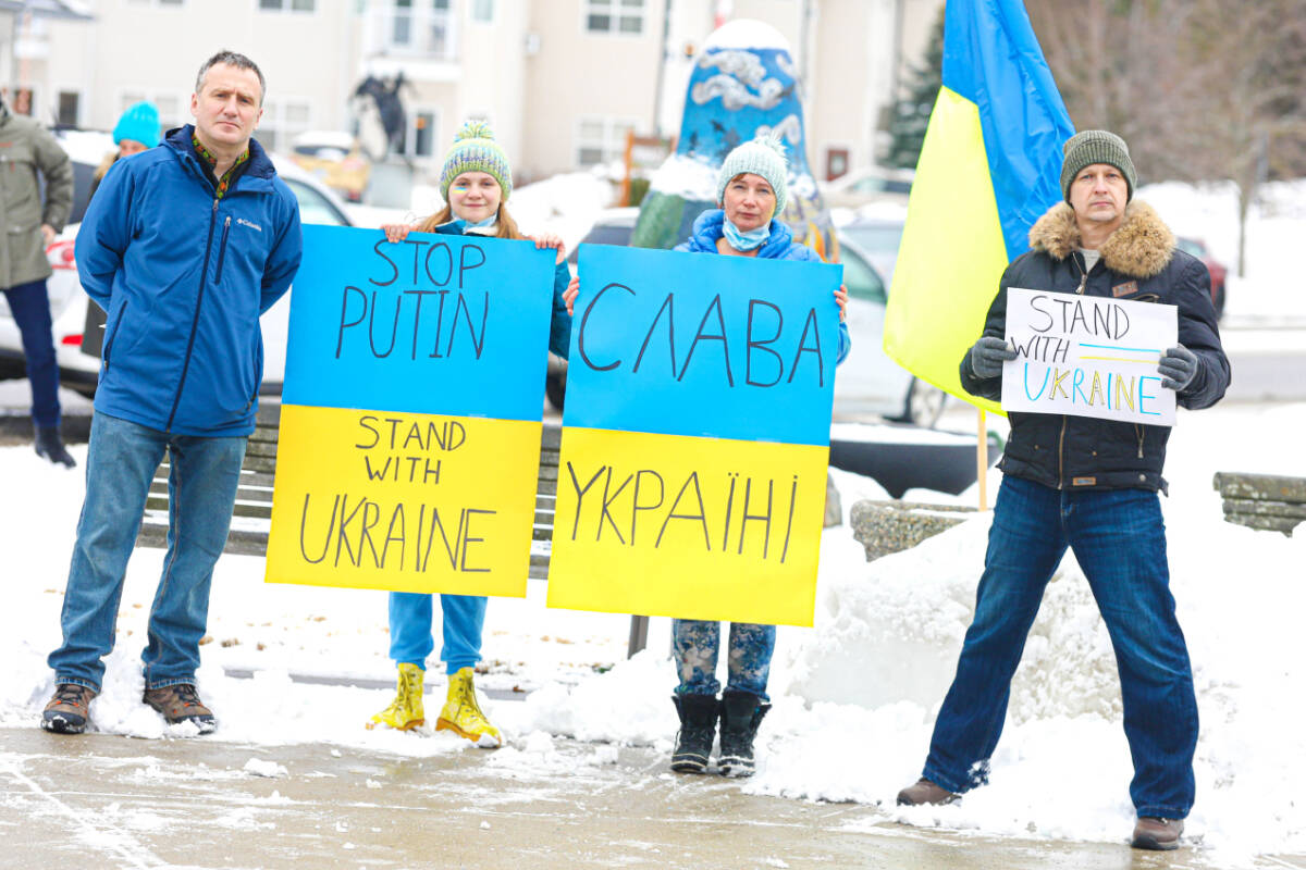 About 50 people gathered at Castlegar City Hall on Sunday to show support for the people of Ukraine. Photo: Jennifer Small