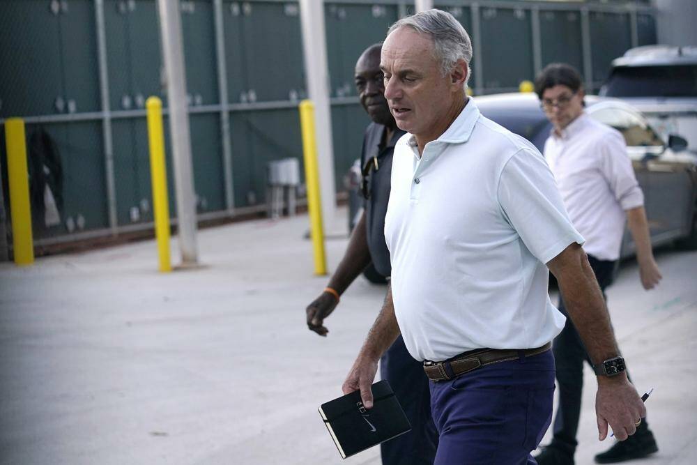 Baseball Commissioner Rob Manfred outside Roger Dean Stadium on Monday, Feb. 28, 2022, in Jupiter, Fla., after a labor negotiating session with baseball players. (AP Photo/Lynne Sladky)