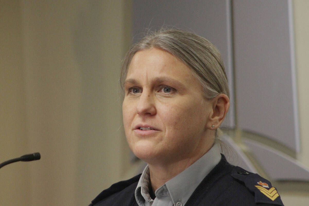 Surrey RCMP Sgt. Elenore Sturko speaks at a joing Surrey RCMP and Surrey Police Service press conference in November, 2021). (Lauren Collins photo)