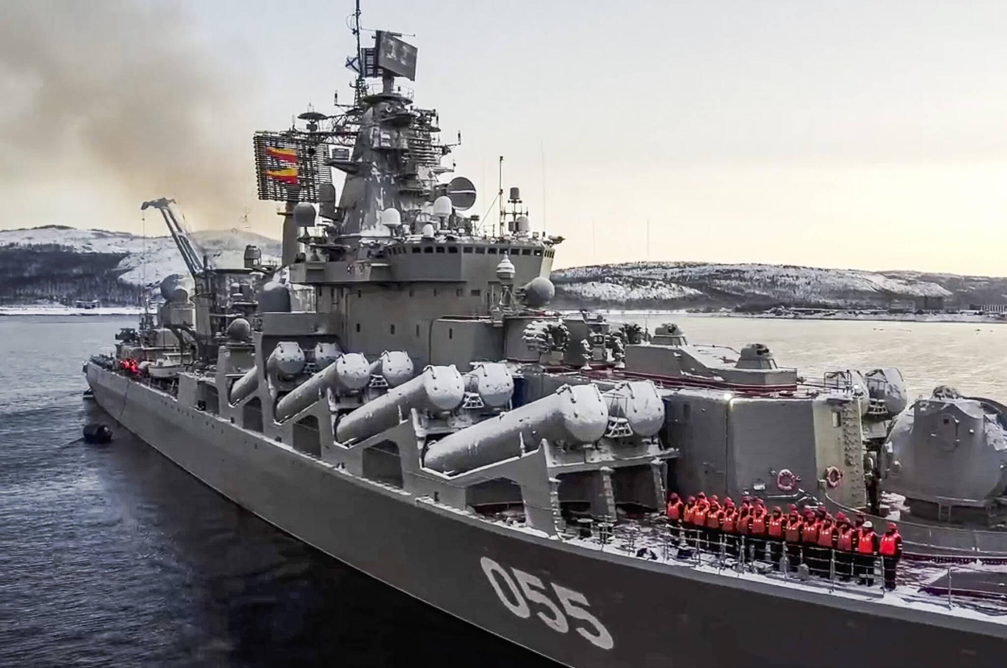 In this photo taken from video and released by the Russian Defense Ministry Press Service on Wednesday, Jan. 26, 2022, the Russian navy’s missile cruiser Marshal Ustinov sails off for an exercise in the Arctic. Seven countries that ring the Arctic have pulled out of the international body that oversees its use and development in protest of Russia’s invasion of Ukraine. THE CANADIAN PRESS/AP-Russian Defense Ministry Press Service via AP
