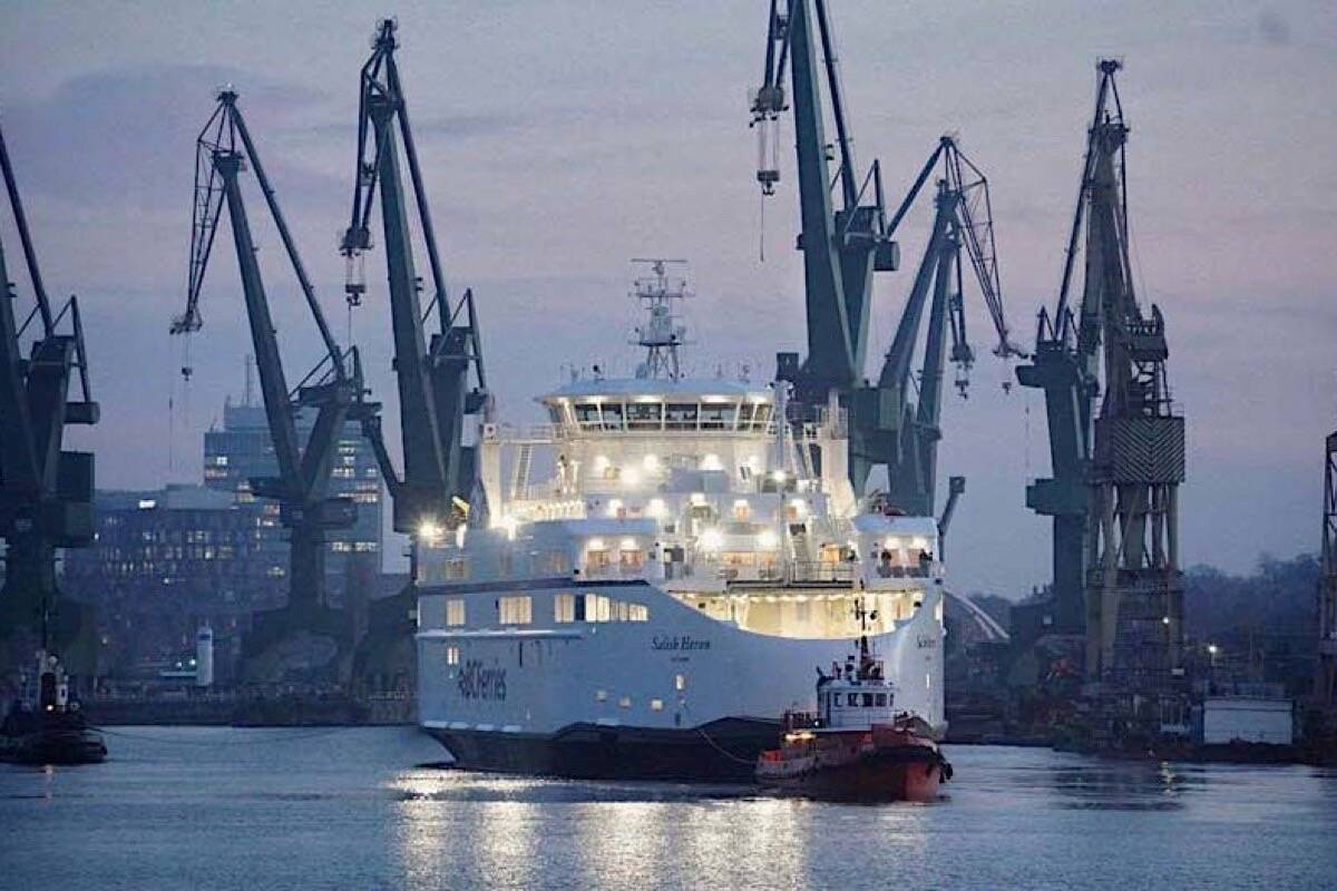 Salish Heron, B.C. Ferries’ newest vessel, leaves shipyard at Gdansk, Poland in November 2021. (B.C. Ferries photo)