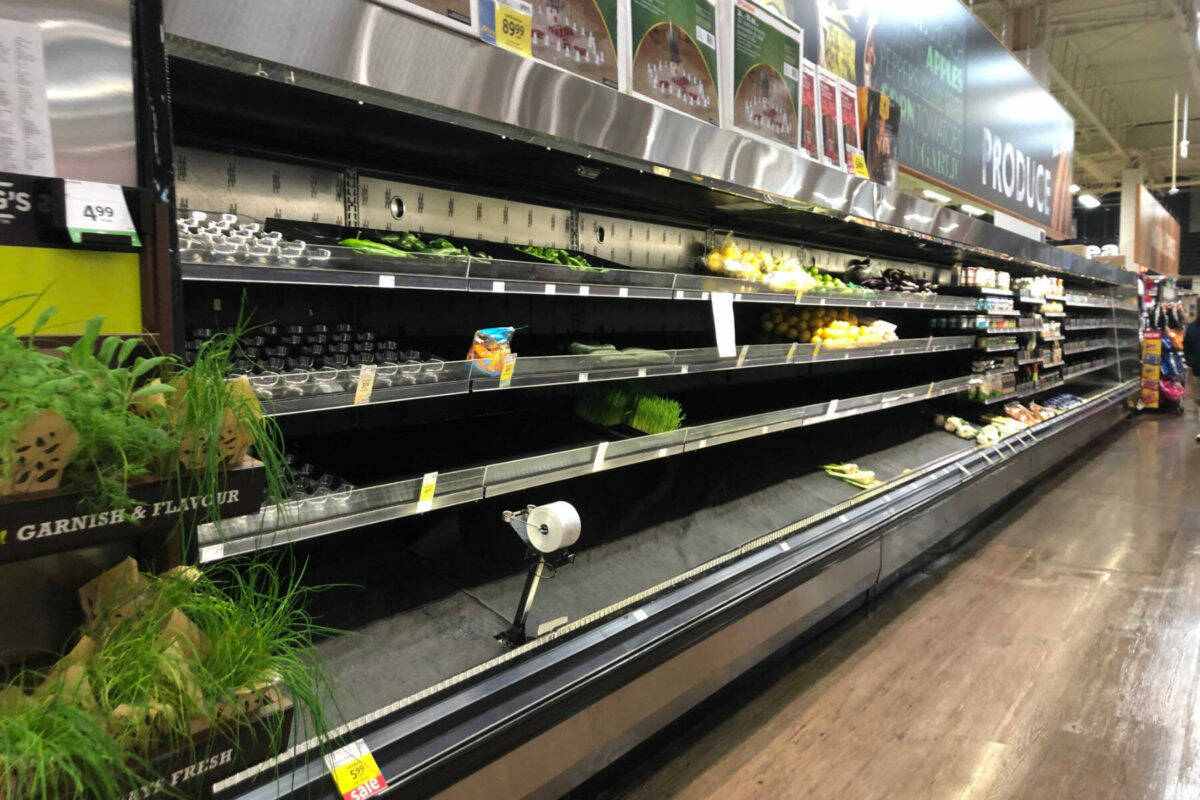 In late 2021, grocery store shelves were bare in the Okanagan as supply routes were shut off from the rainfall and landslides that closed the Coquihalla and every other route to the rest of Canada. (Monique Tamminga Western News)
