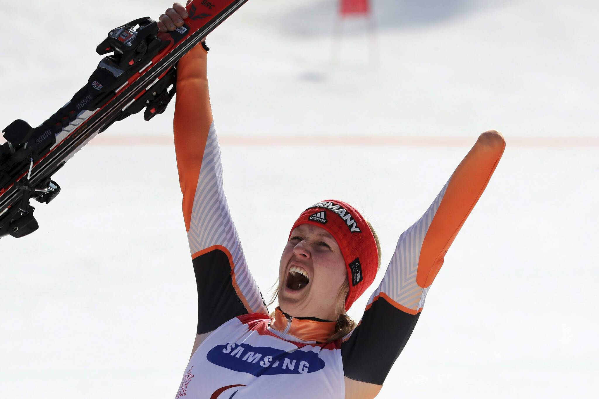 This 2018 file photo shows Mollie Jepson celebrating at the Paralympics in at the Jeongseon Alpine Center in Jeongseon, South Korea. (AP Photo/Ng Han Guan)