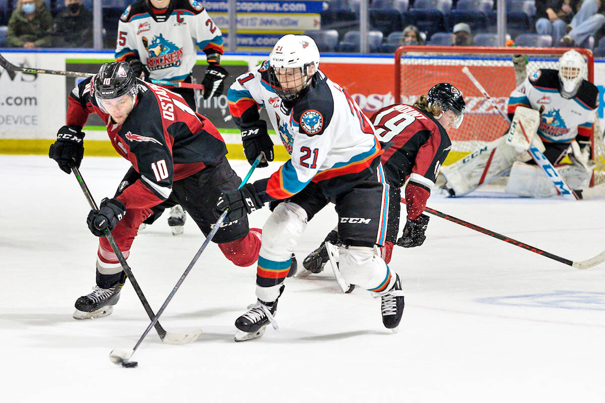 A hard battle saw Vancouver Giants fall 5-3 to Kelowna Rockets Saturday night, March 5, at Prospera Place in Kelowna. (Steve Dunsmoor/Special to Langley Advance Times)