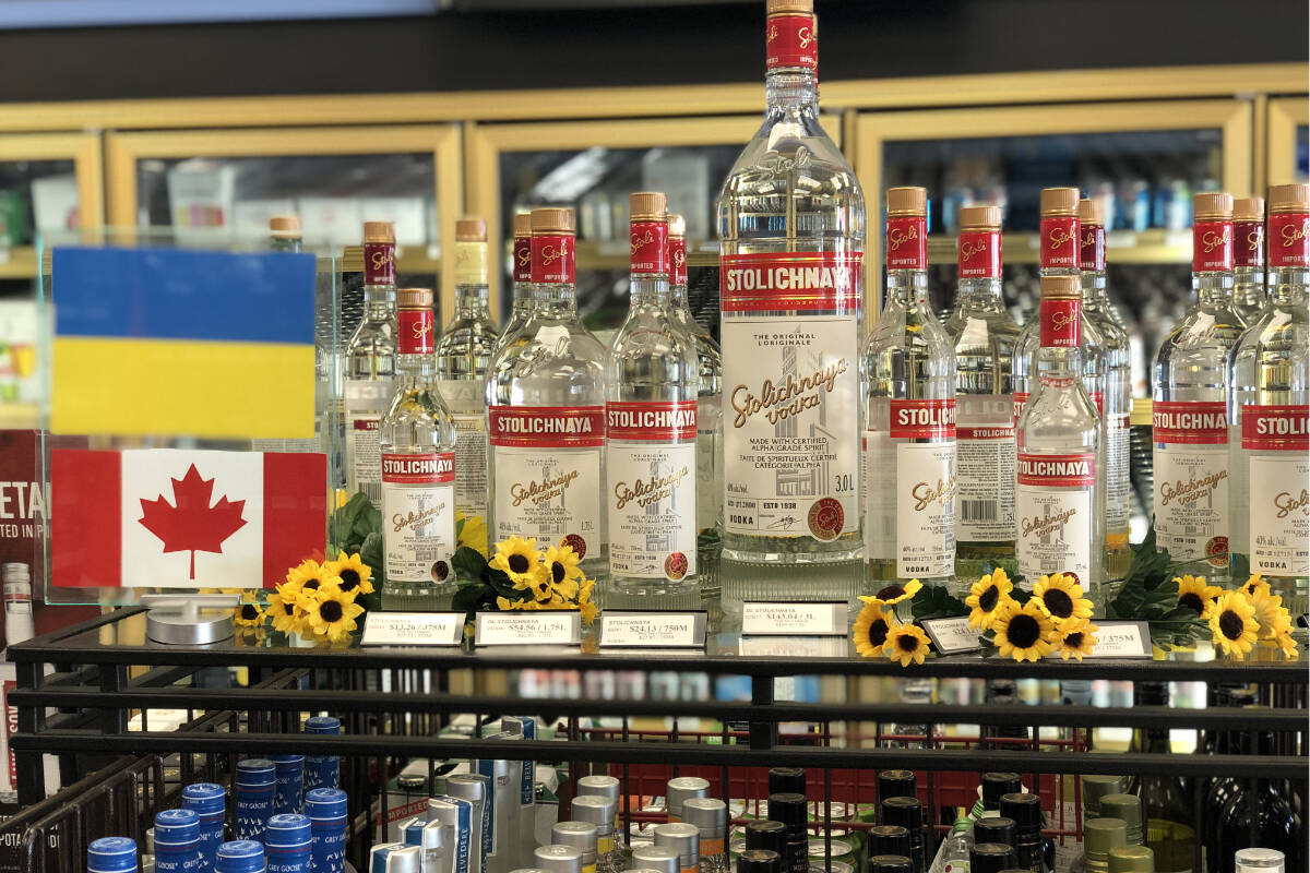 Stoli vodka bottles up for sale at the Skeena Liquor Store in Terrace. All proceeds from the sale will go towards the Armed Forces of Ukraine. (Binny Paul/ Terrace Standard)