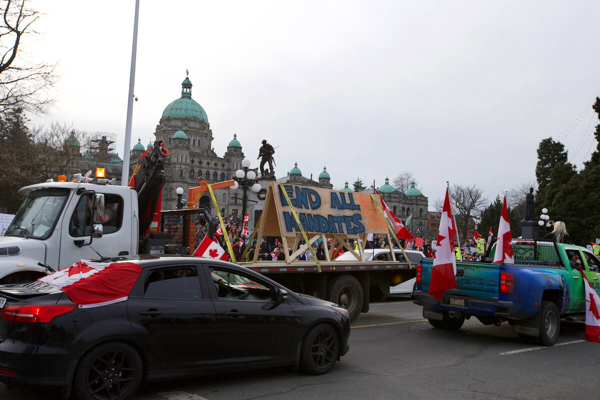 Vehicles using horns improperly can now be ticketed easier in Victoria. Another freedom convoy demonstration against pandemic-related mandates, ending at the B.C. legislature, is expected this weekend. (Black Press Media file photo)