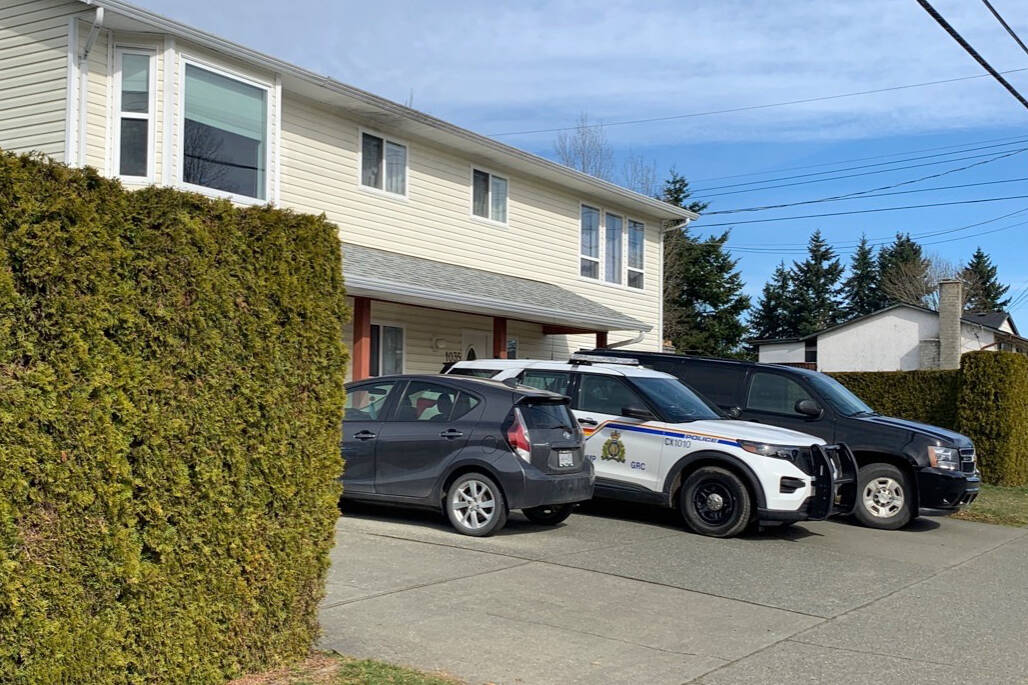 Police presence at 1035 26th Street in Courtenay, where a body was recovered early Sunday morning (March 6). Photo by Terry Farrell