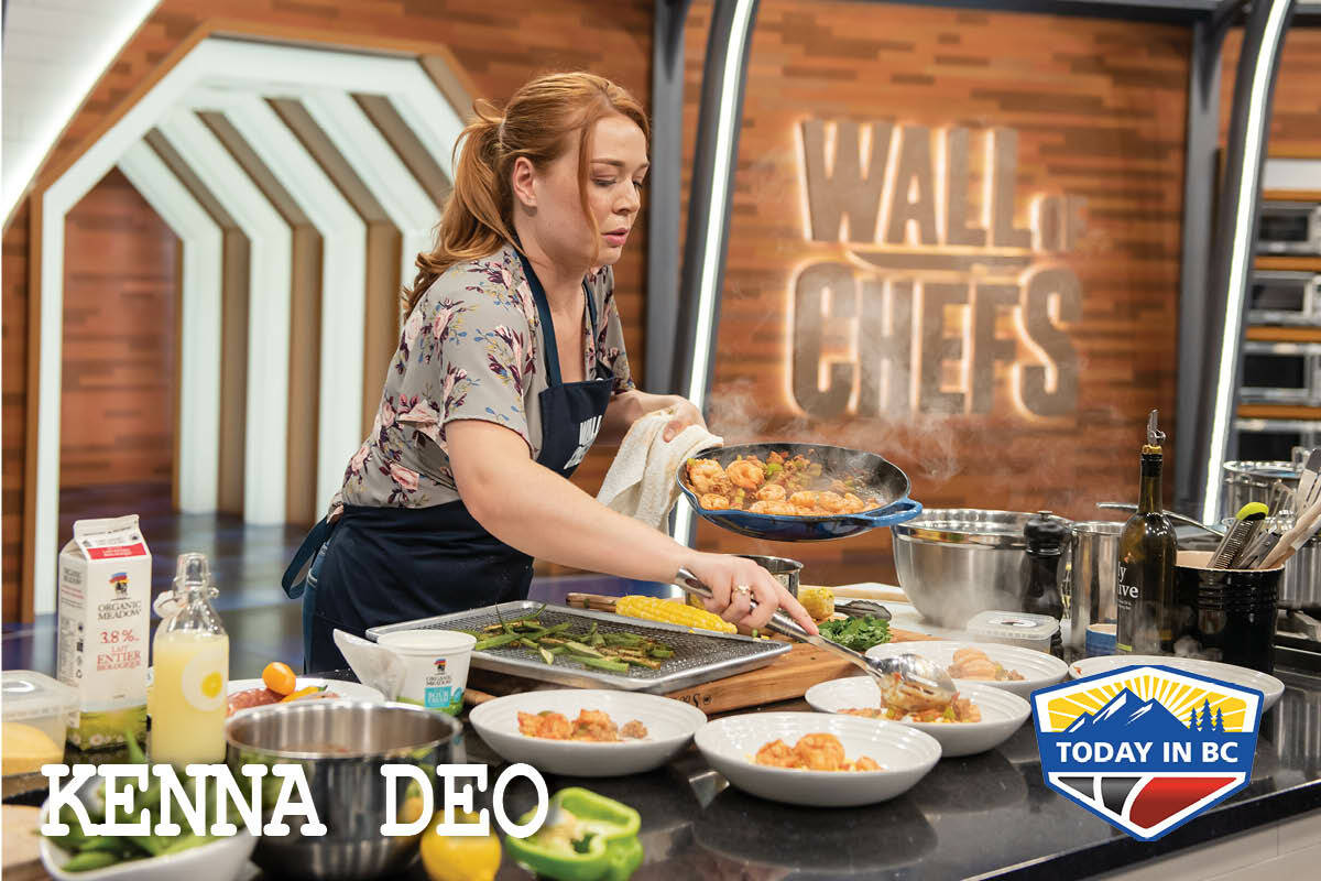 Nanaimo’s Kenna Deo chats with ‘Wall of Chefs’ host Noah Cappe while competing on the Food Network Canada culinary competition TV show. (Photo courtesy Katia Taylor/Food Network Canada)