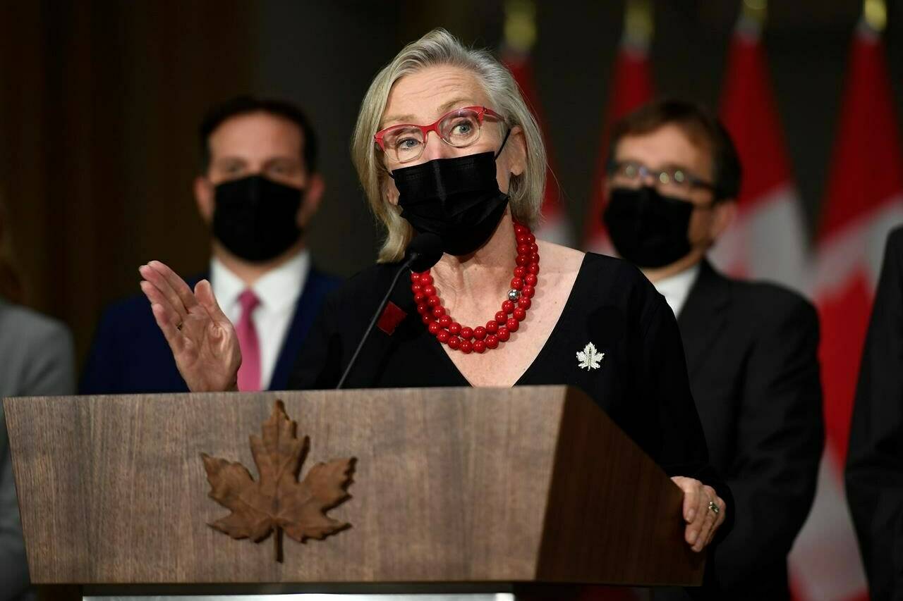 Minister of Mental Health and Addictions and Associate Minister of Health Carolyn Bennett at a news conference after the federal cabinet was sworn in, in Ottawa, on Tuesday, Oct. 26, 2021. THE CANADIAN PRESS/Justin Tang