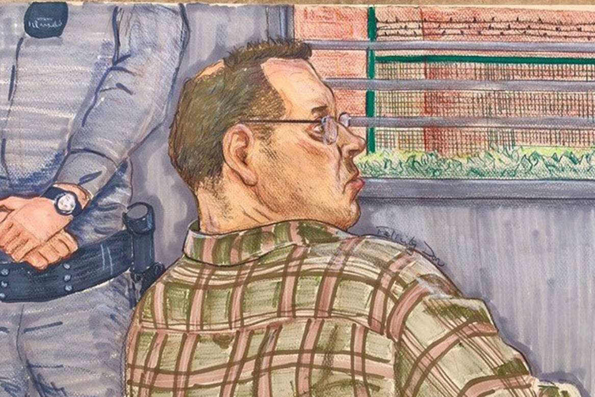 Allan Schoenborn is shown in this sketch attending a British Columbia Review Board in Coquitlam, B.C. on Thursday March 12, 2020. THE CANADIAN PRESS/Felicity Don