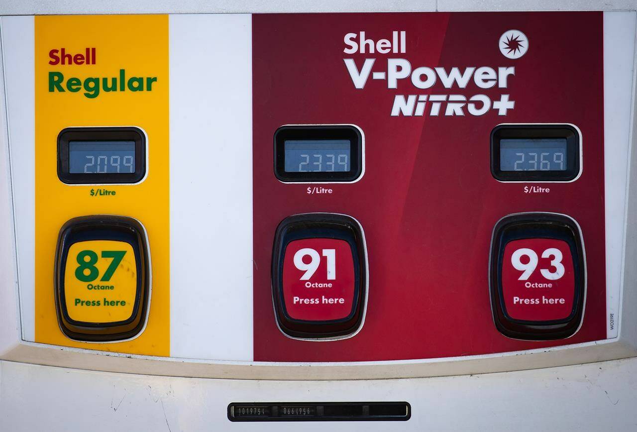 The prices for a litre of various grades of gasoline are displayed on a pump at a Shell gas station in Vancouver on Tuesday, March 8, 2022. THE CANADIAN PRESS/Darryl Dyck