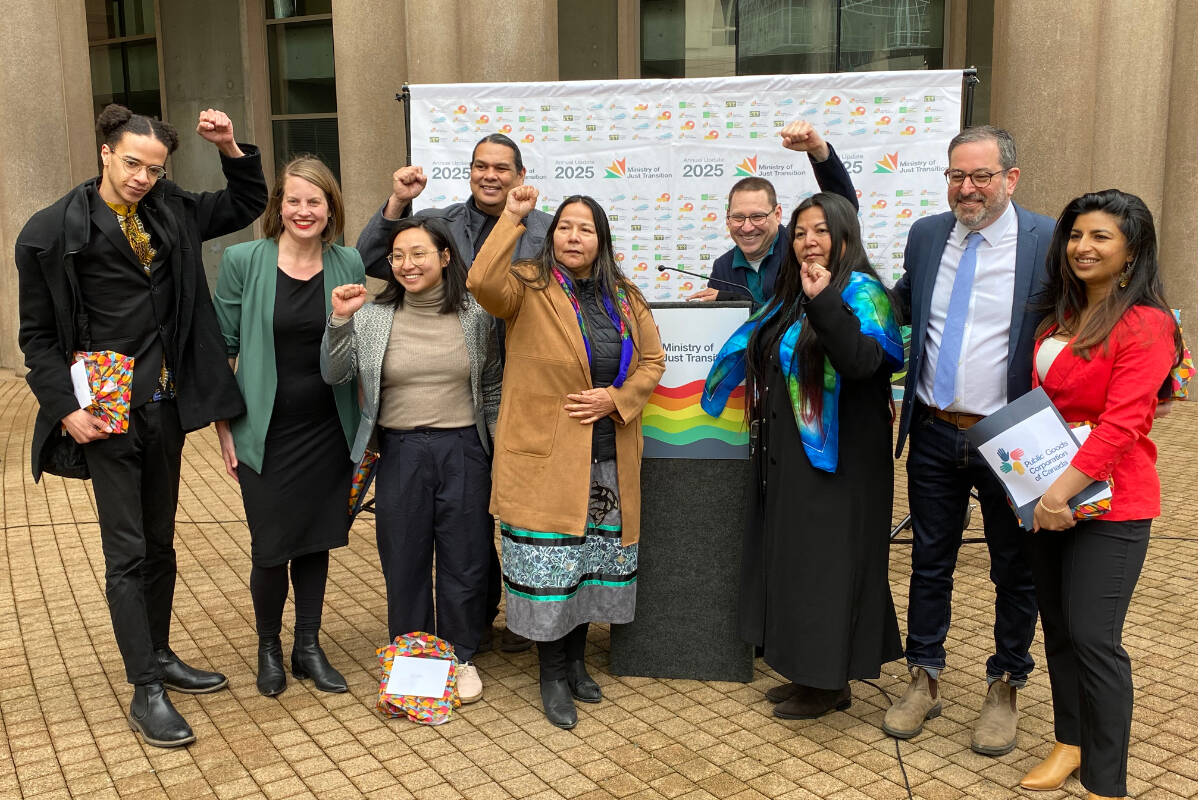 The speakers representing the ‘Ministry of Just Transition’. From left to right: Khalid Boudreau, Christine Boyle, Alison Gu, Rueben George, Judy Wilson, Avi Lewis, Doreen Manuel, Seth Klein and Anjali Appadurai. (Cole Schisler/Black Press Media)