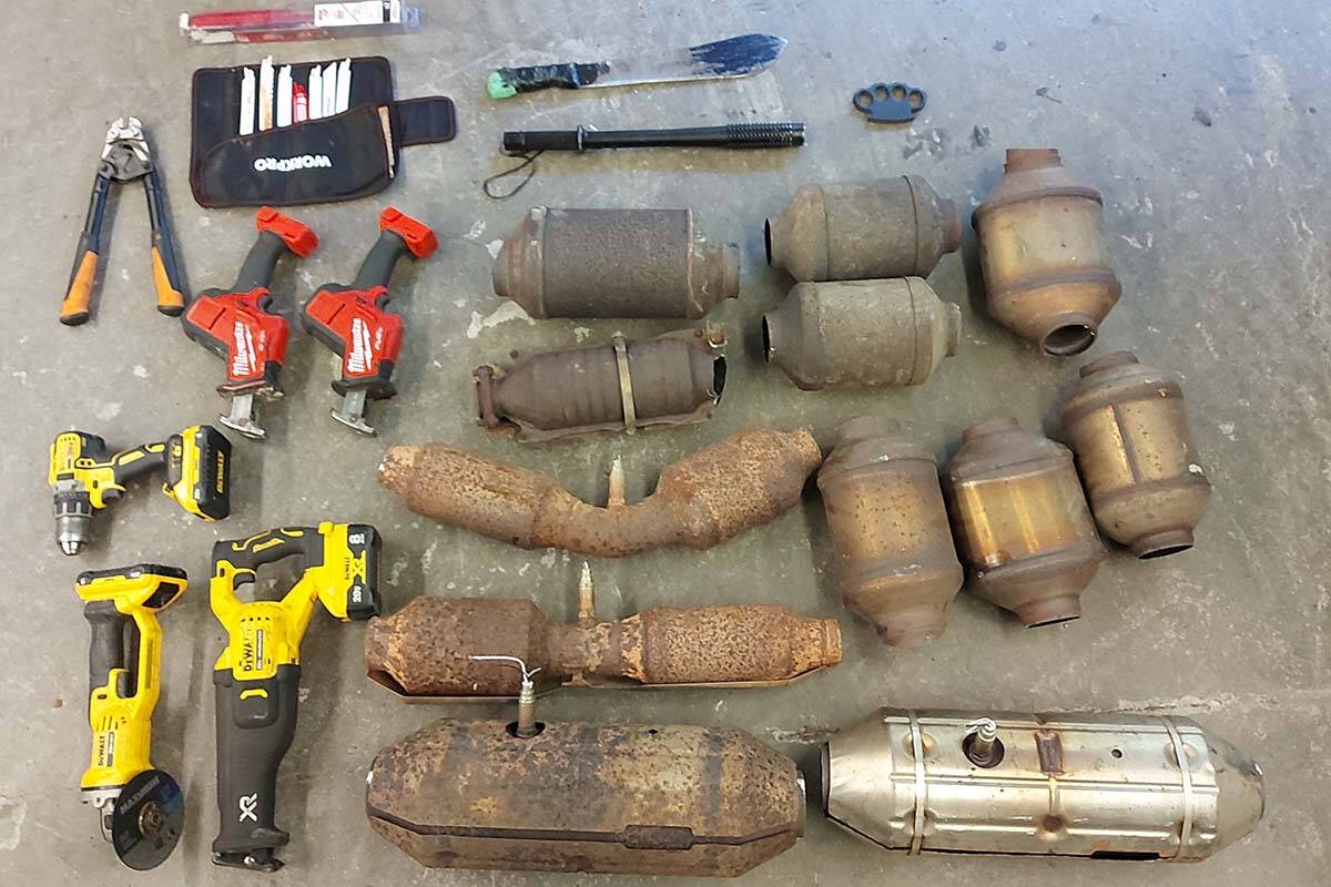 This file photo shows 12 catalytic converters stolen from vehicles in the Lower Mainland.	(PHOTO: Abbotsford Police Department)