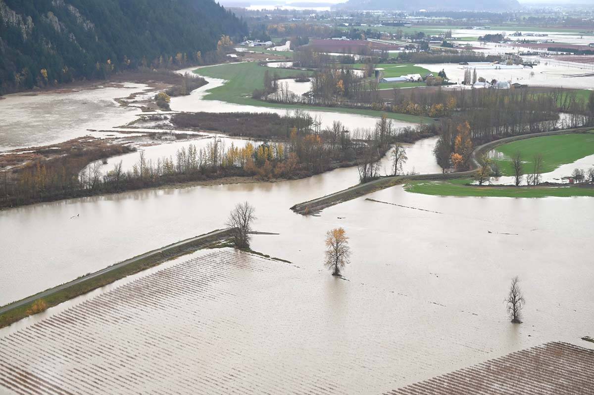 The diking system on Sumas Prairie in Abbotsford is among future infrastructure upgrades that are estimated to cost $3 billion, according to the city. Several breaches to the system, which have since been repaired, occurred during the November 2021 floods. (Photo: Abbotsford Police Department)