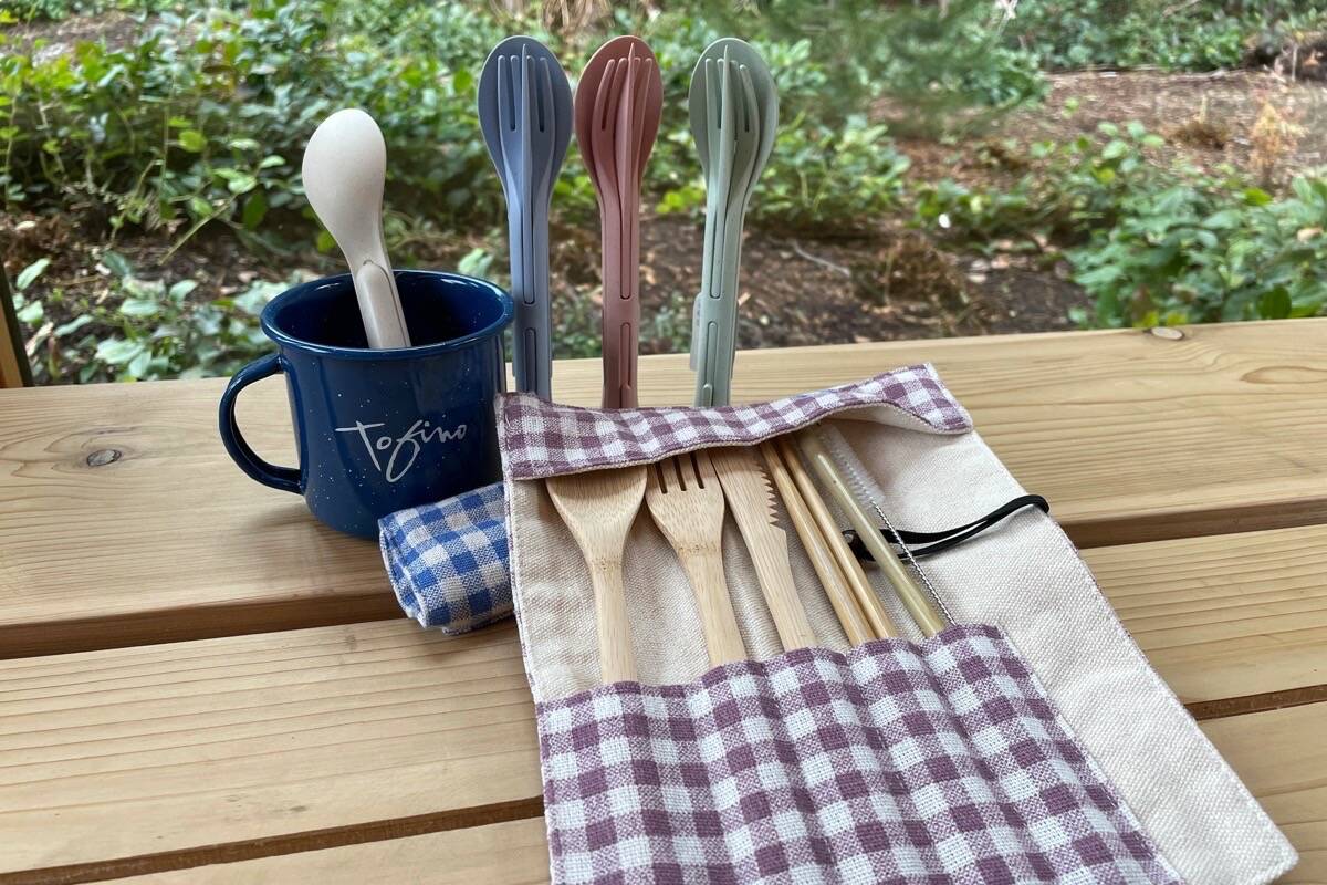 Visitors and locals can help reduce their own plastic consumption by carrying re-usable cutlery sets like these ones available at the Tourism Tofino Cox Bay Visitor Centre. (Nora O’Malley photo)