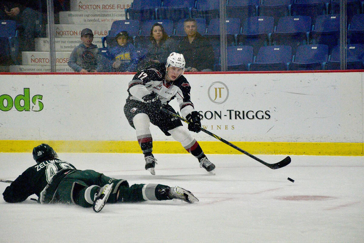 With the final two penalties successfully killed, Nicco Camazzola tied the score at 1-1 for the Giants and Adam Hall converted on Vancouver power play to make it 2-1 heading into second intermission. (Gary Ahuja/Special to Langley Advance Times)