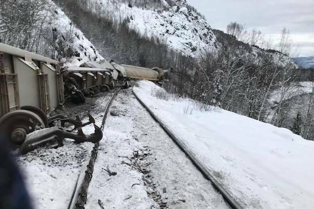 A train derailment near Kitwanga, B.C., between Smithers and Terrace, is shown in this January 2020 handout photo. THE CANADIAN PRESS/HO - Transportation Safety Board of Canada