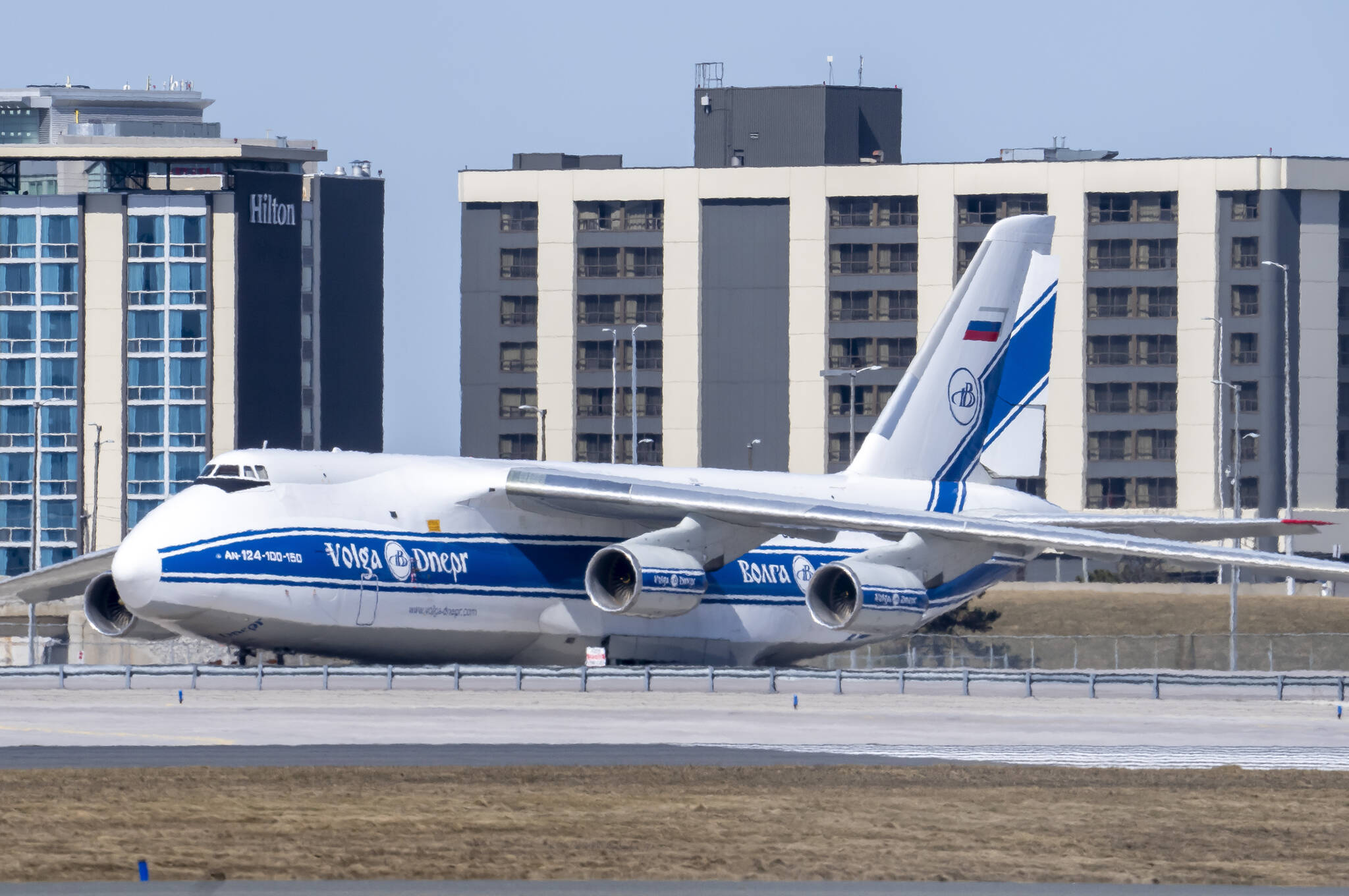 A Russian-registered Antonov AN-124 owned by Volga-Dneper sits on the tarmac at Pearson Airport in Toronto on Monday, March 21, 2022. Canada’s airspace is closed to Russian-registered aircraft and Volga-Dneper has suspended most of its operations worldwide because of sanctions. THE CANADIAN PRESS/Frank Gunn