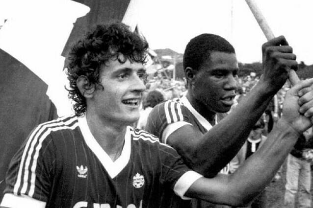 Canadian national soccer team players Paul James (left) and Randy Samuel celebrate the team's 2-1 win over Honduras in St. John's, Nfld. in this 1985 file photo. The win helped propel the Canadians to the World Cup finals in 1986. San Jose, Costa Rica, is a long way from St. John's, N.L., but the two could be intertwined Thursday if the Canadian men beat the Costa Ricans to secure World Cup qualification. THE CANADIAN PRESS/Michael Creagan