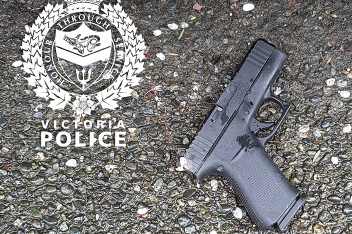 Photo shows a Glock pistol dropped by a suspect who wound up fleeing Victoria police and entering a young family’s Dowler Place townhome and physically fighting with the father on Tuesday. (Courtesy of Victoria Police Department)