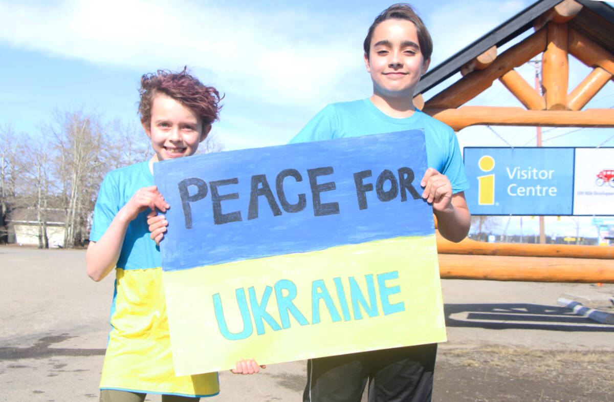 Karl Lundsbye and Rowan Hermiston intend to lead the Peace Walk for Ukraine in 100 Mile House this Sunday. (Patrick Davies photo - 100 Mile Free Press)