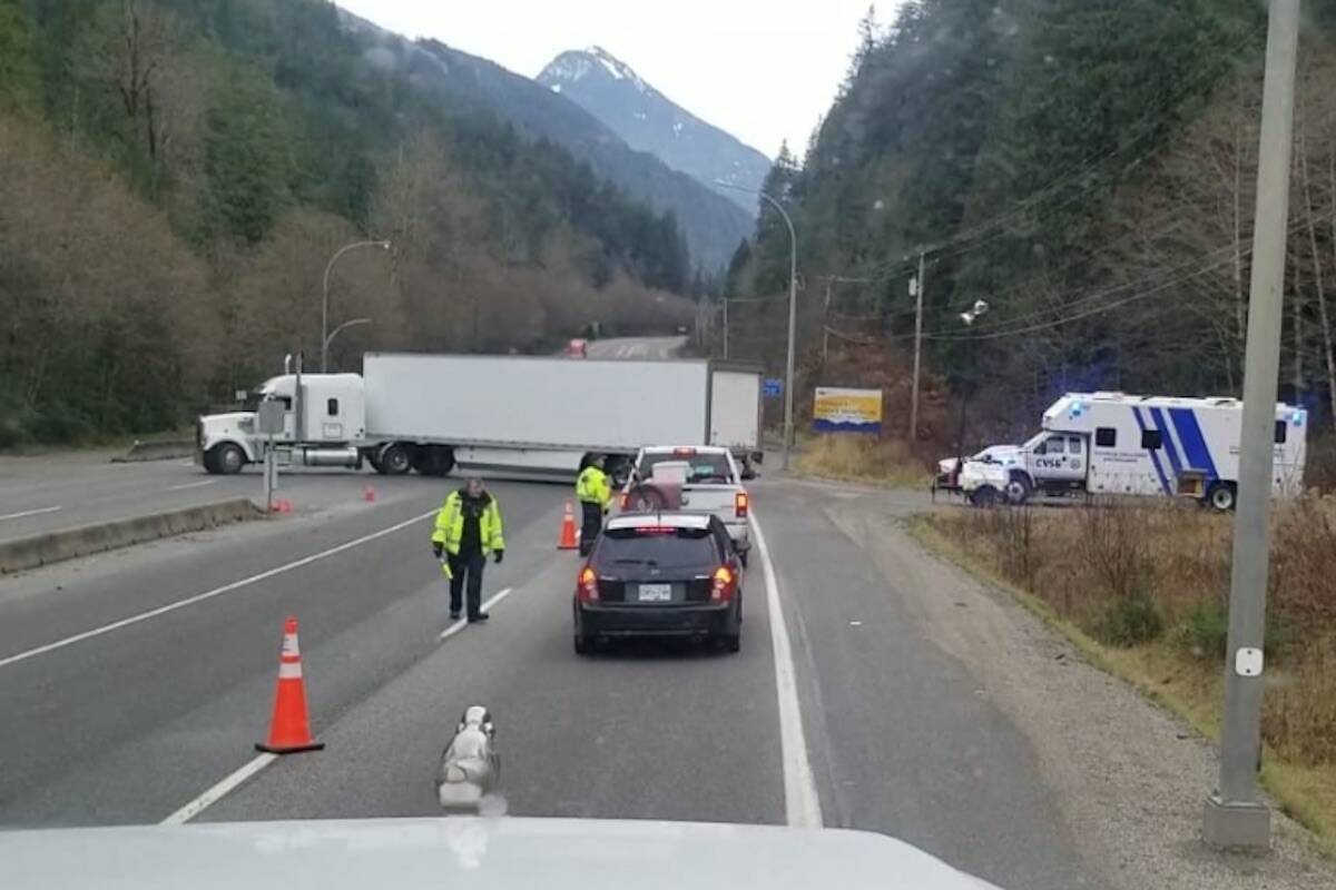 Highway 3 closed at Hope, vehicles being turned around due to flooding in November. Upgrades to cell service are intended to make travel along the highway safer. (Facebook)