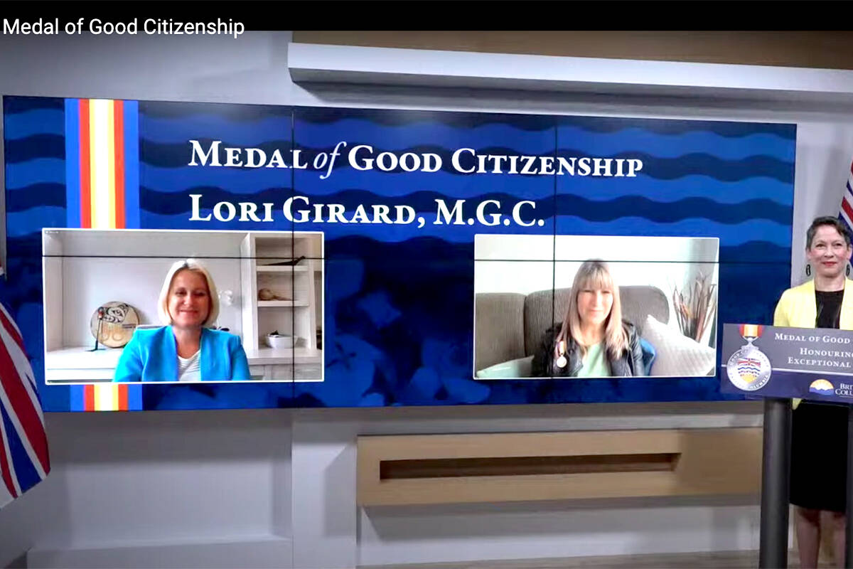 Lisa Beare, minister of citizens’ services and the MLA for Maple Ridge-Pitt Meadows, presented the award to Lori Girard through an online ceremony. She praised Girard for taking the initiatives. (Video screen capture)