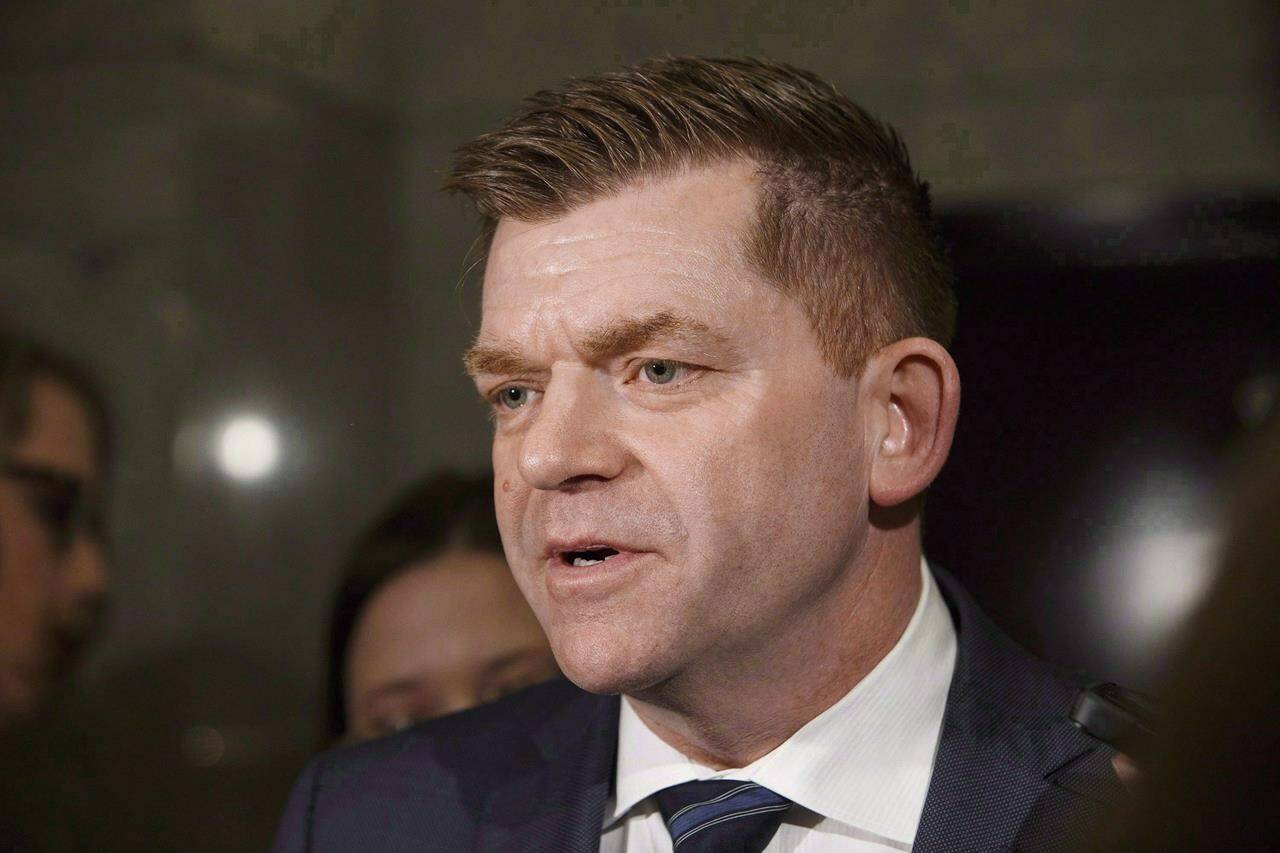Brian Jean speaks to reporters at the Alberta legislature in Edmonton on Monday, March 20, 2017. Jean, a rival to Alberta Premier Jason Kenney’s leadership, says he fears a mail-in leadership vote will be rampant with cheating and fraud. THE CANADIAN PRESS/Codie McLachlan