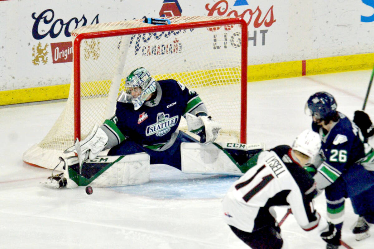 Giants kick off 3-in-3 weekend with a 5-2 loss to the Thunderbirds at Langley Events Centre Friday. They’re looking for a rematch in Seattle Saturday night. (Gary Ahuja, Langley Events Centre/Special to Langley Advance Times)