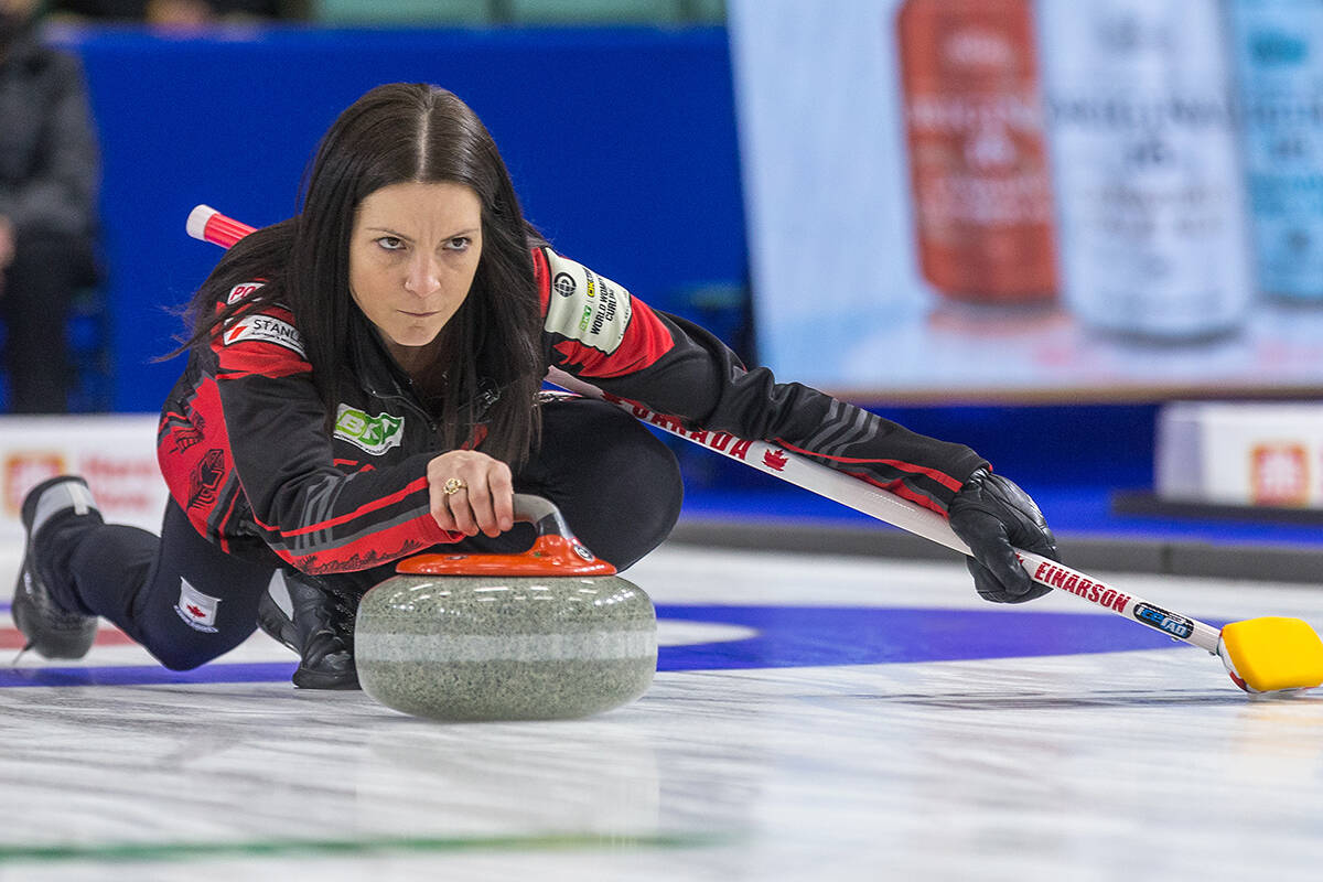 Team Canada skip Kerri Einarson throws a stone against Team South Korea at CN Centre during the Women’s World Curling in Prince George, B.C., on Saturday, March 26, 2022. THE CANADIAN PRESS/James Doyle