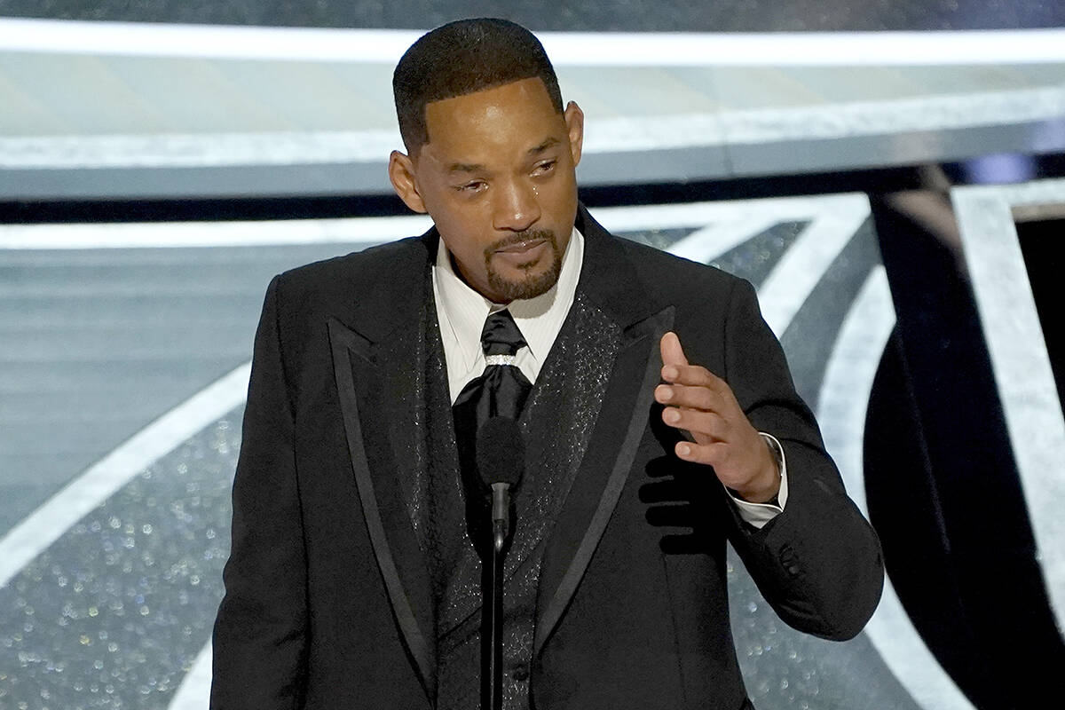 Will Smith cries as he accepts the award for best performance by an actor in a leading role for “King Richard” at the Oscars on Sunday, March 27, 2022, at the Dolby Theatre in Los Angeles. (AP Photo/Chris Pizzello)