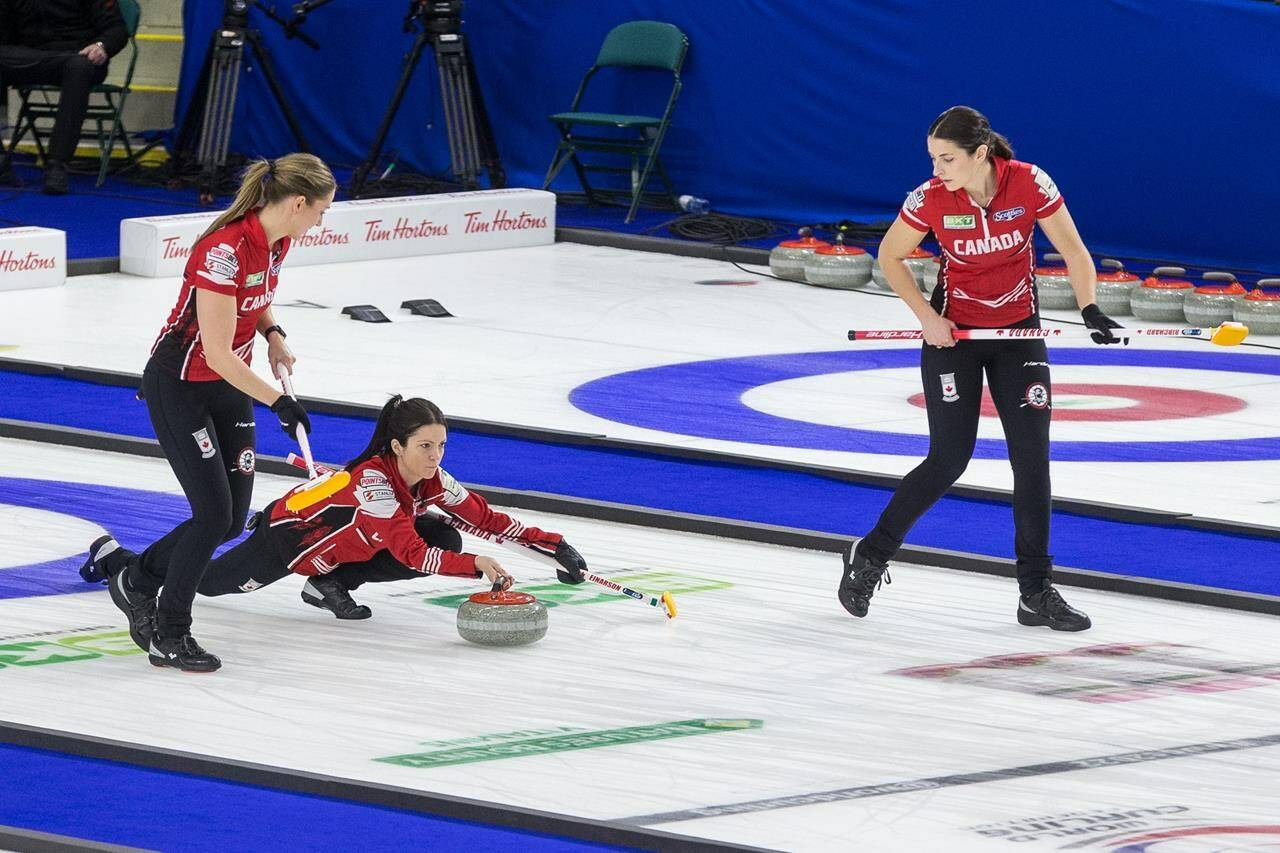 Team Canada skip Kerri Einarson throws a stone while lead Briane Meilleur, left, and second Shannon Birchard prepare to sweep in the bronze medal game against Team Sweden at CN Centre during the Women’s World Curling in Prince George, B.C., on Sunday, March 27, 2022. THE CANADIAN PRESS/James Doyle