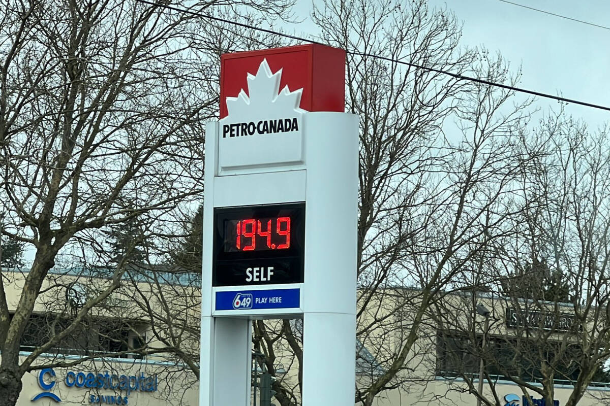 A Greater Victoria gas station shows the most recent price jump to $194.9 cents per litre March 2. (Courtesy Hudson Mack)
