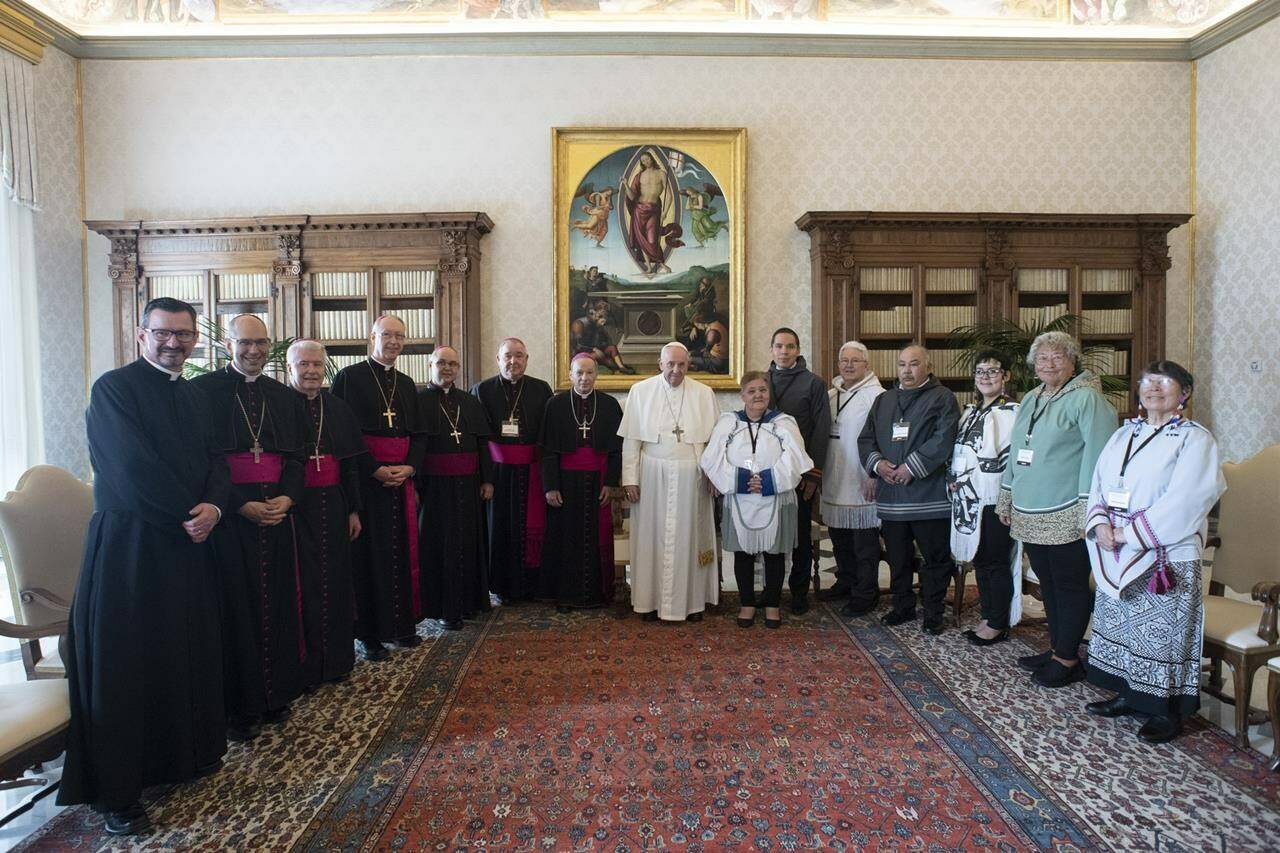 Pope Francis meets with the Canadian Metis delegates at the Vatican, Monday March 28, 2022. (Vatican Media)
