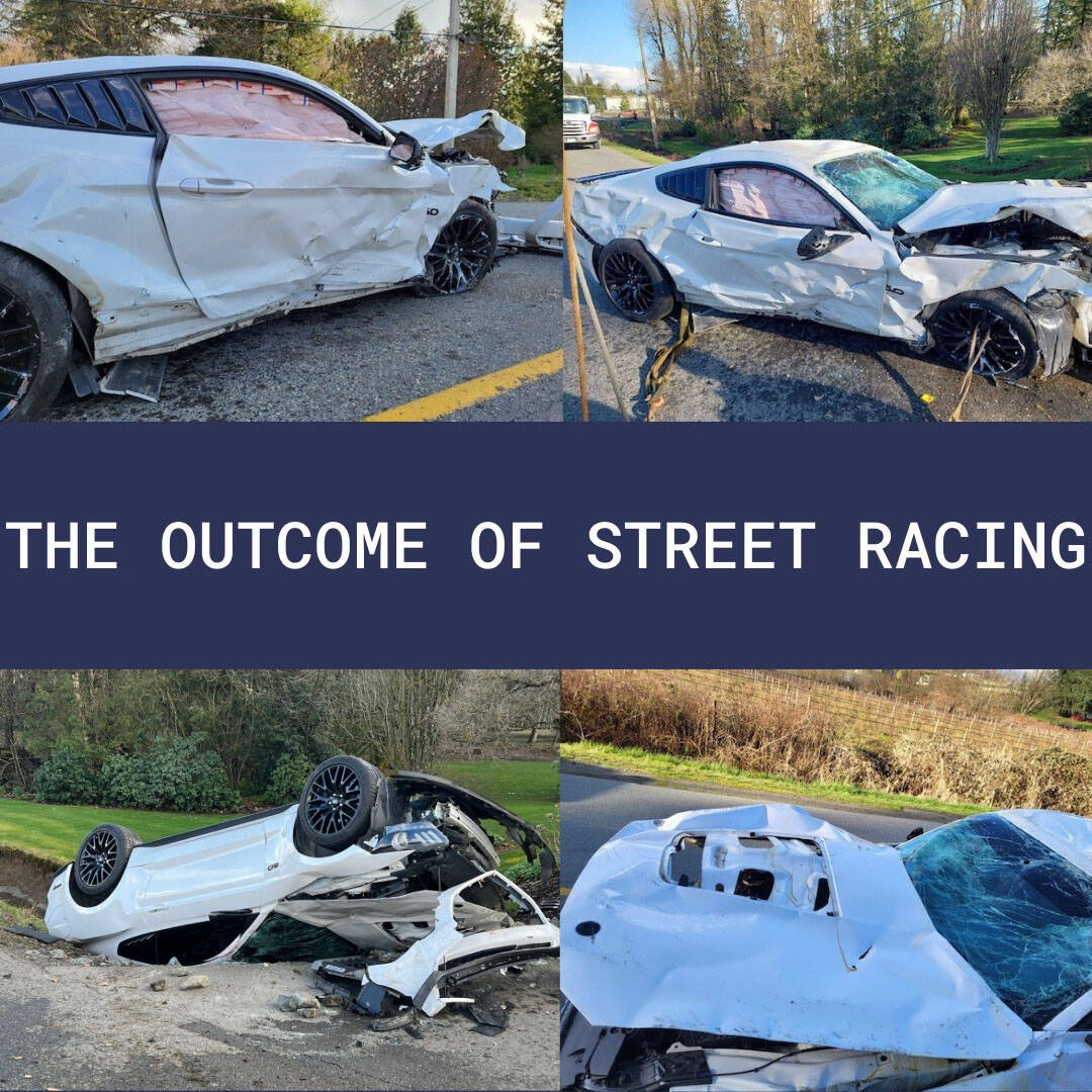A Mustang was involved in a two-vehicle crash while street racing in Abbotsford on Monday (March 28). (Abbotsford Police Department)
