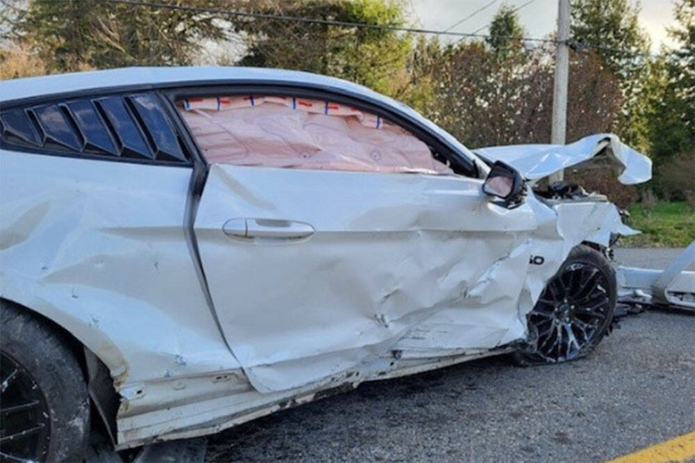 A Mustang was involved in a two-vehicle crash while street racing in Abbotsford on Monday (March 28). (Abbotsford Police Department)