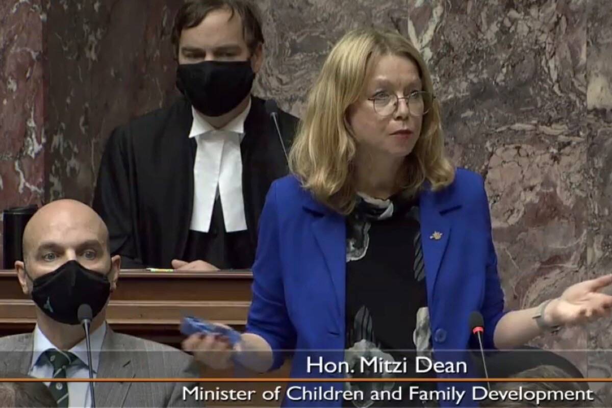 Mitzi Dean, B.C.’s minister of children and family development, speaks in the B.C. legislature, Nov. 24, 2021. (Hansard TV)