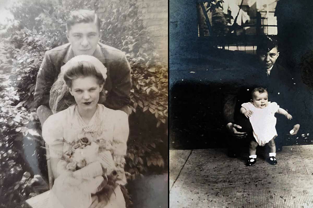 LEFT: Glenn Wells’ grandmother May Simmons with a man suspected to be Harry Mahler’s biological father. RIGHT: A photo of the man with a baby girl suspected to be Wells’ mother, Violet. Photos courtesy of Courtney Mahler.