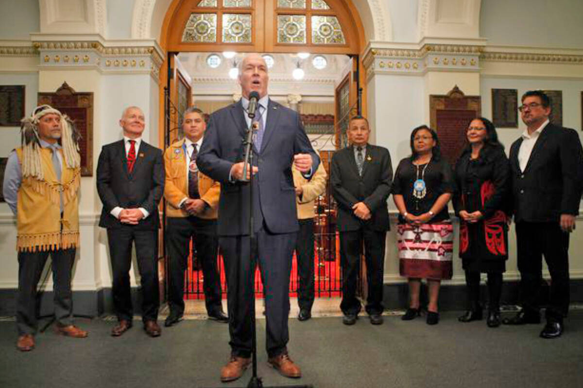 FILE: Premier John Horgan announces Indigenous rights will be recognized in B.C. with the introduction of the Declaration of the Rights of Indigenous Peoples Act on Thursday, Oct. 24, 2019. (Chad Hipolito/The Canadian Press photo)