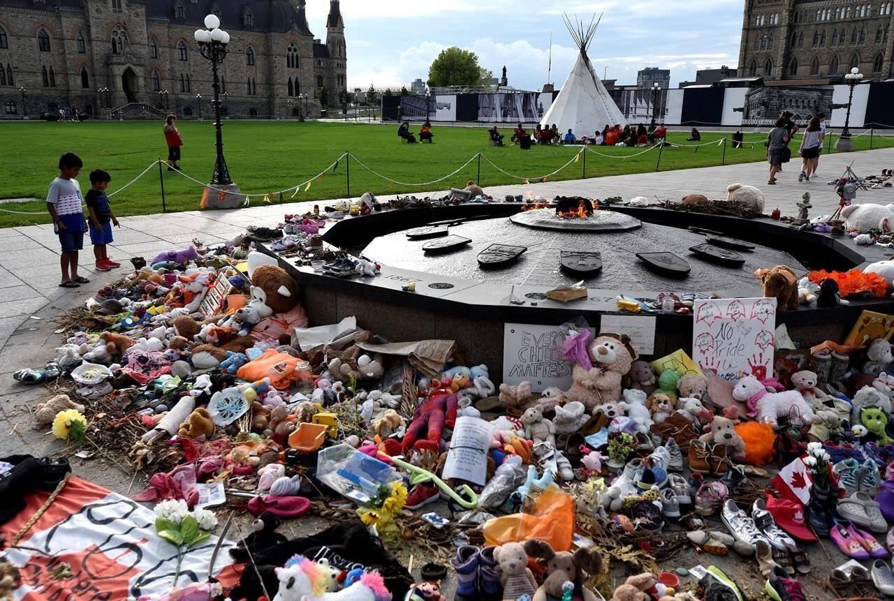 The memorial at the Centennial Flame for children who died at Indian Residential Schools, in Ottawa, on Thursday, Aug. 19, 2021. Ottawa is eyeing a five-year timeline to build a national monument to honour survivors of its residential schools system. THE CANADIAN PRESS/Justin Tang