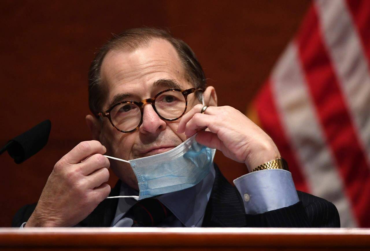 House Judiciary Committee Chairman Jerry Nadler, D-N.Y., adjusts his face mask during a House Judiciary Committee markup of the Justice in Policing Act of 2020 on Capitol Hill in Washington, Wednesday, June 17, 2020. THE CANADIAN PRESS/AP-Kevin Dietsch/Pool via AP