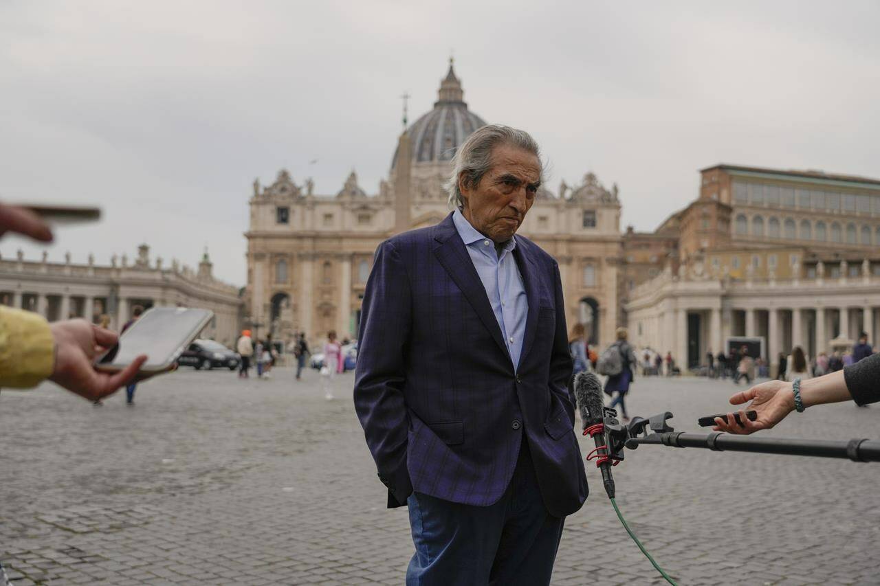 Former national chief of the Assembly of First Nations, Phil Fontaine, outside St. Peter’s Square at the Vatican on Sunday, March 27, 2022. (AP Photo/Gregorio Borgia)
