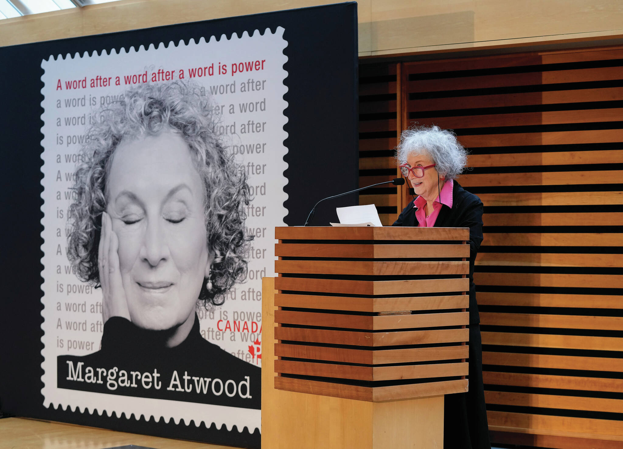 Renowned Canadian writer, Margaret Atwood speaks after Canada Post unveiling of a special stamp in her honour in Toronto on Nov. 25, 2021. (THE CANADIAN PRESS/Nathan Denette)