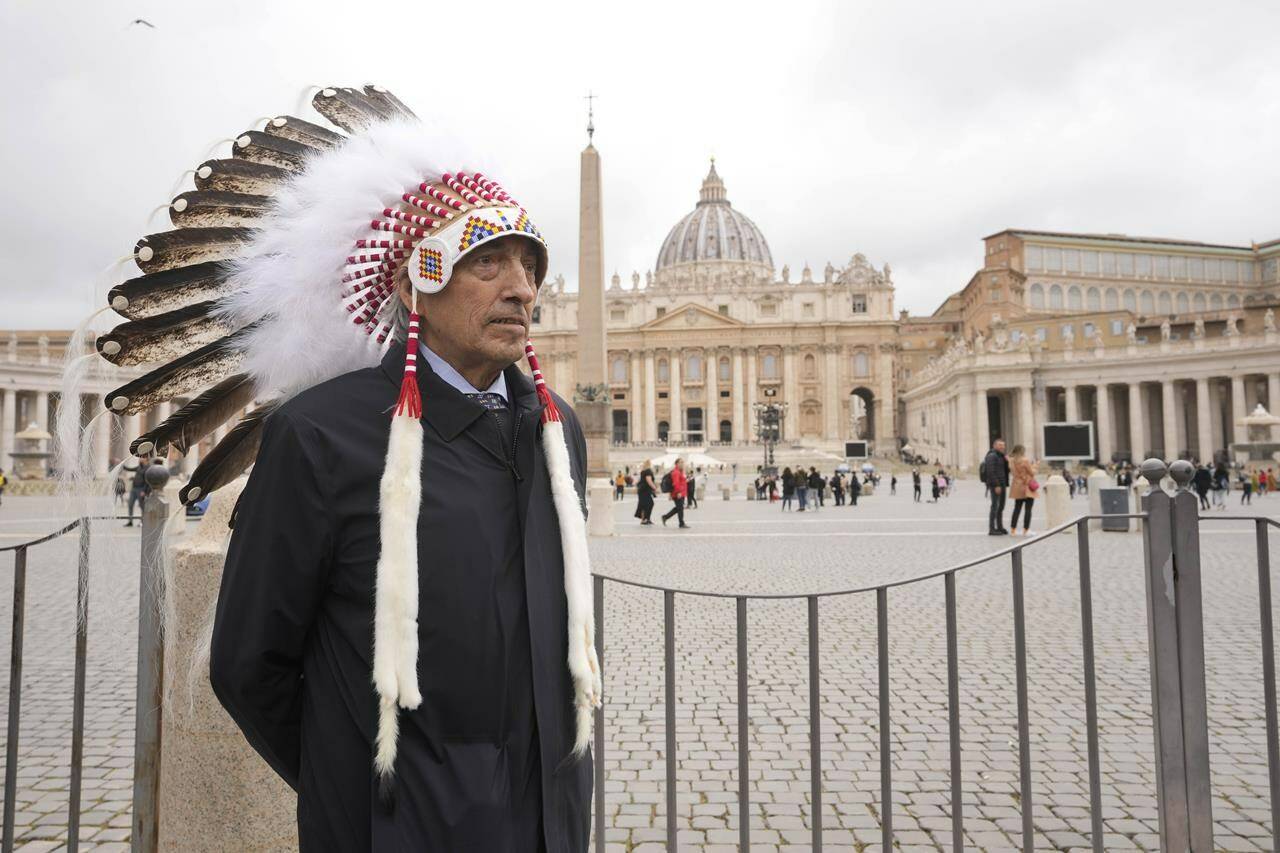 Former national chief of the Assembly of First Nations, Phil Fontaine, stands outside St. Peter’s Square at the end of a meeting with Pope Francis at the Vatican, Thursday, March 31, 2022. (AP Photo/Andrew Medichini)